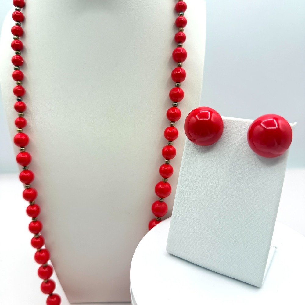Vintage Gold Tone Red Bead Necklace & Button Stud Earrings Set Boho